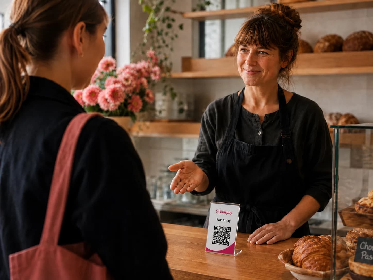 A café owner directing a customer to an acrylic Briizpay QR stand on the counter