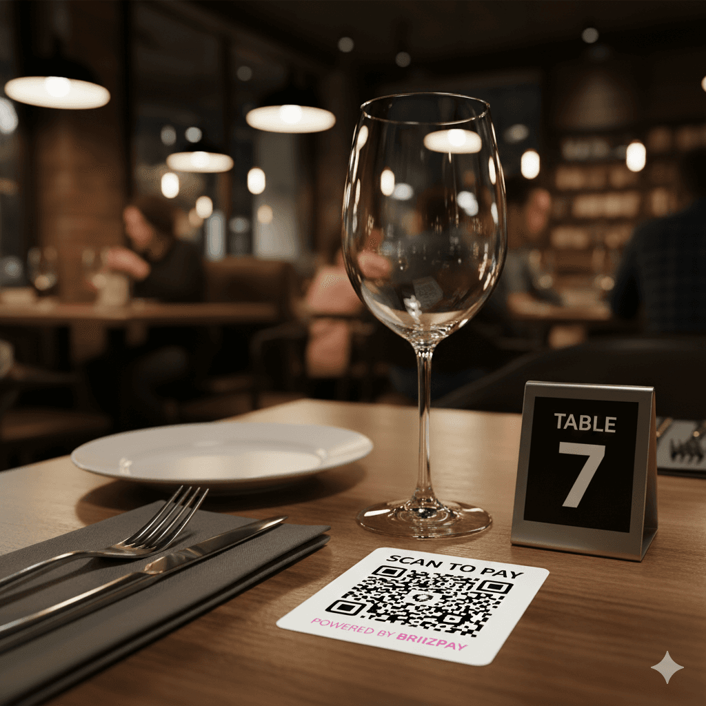 A Briizpay QR code standing on a table